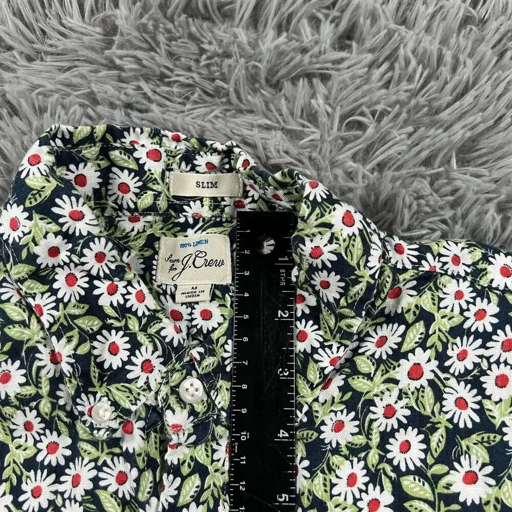 J Crew Adult Shirt Medium Green White Button Down Linen Floral All Over Mens